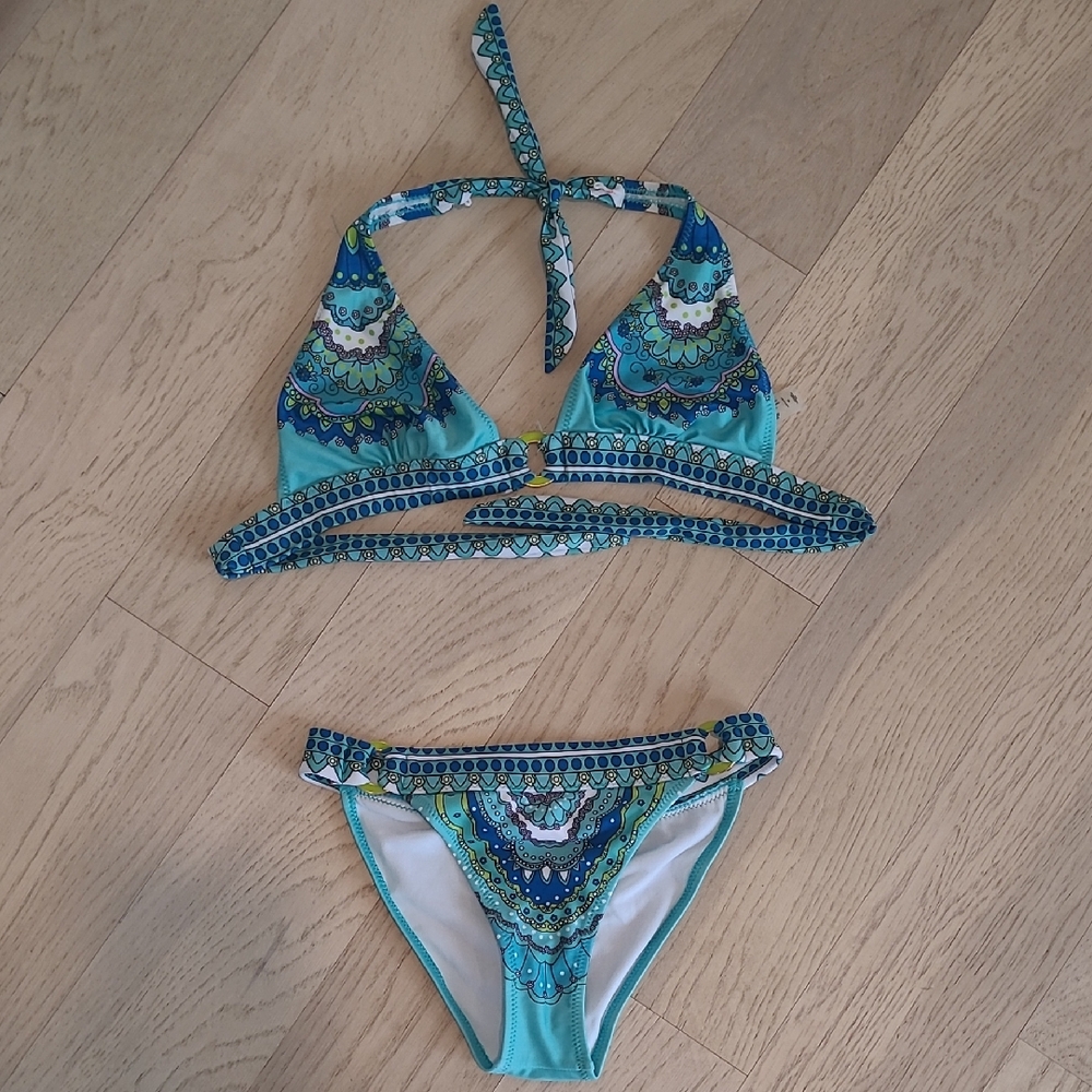 Blue and Green Patterned Bikini Set (size M)